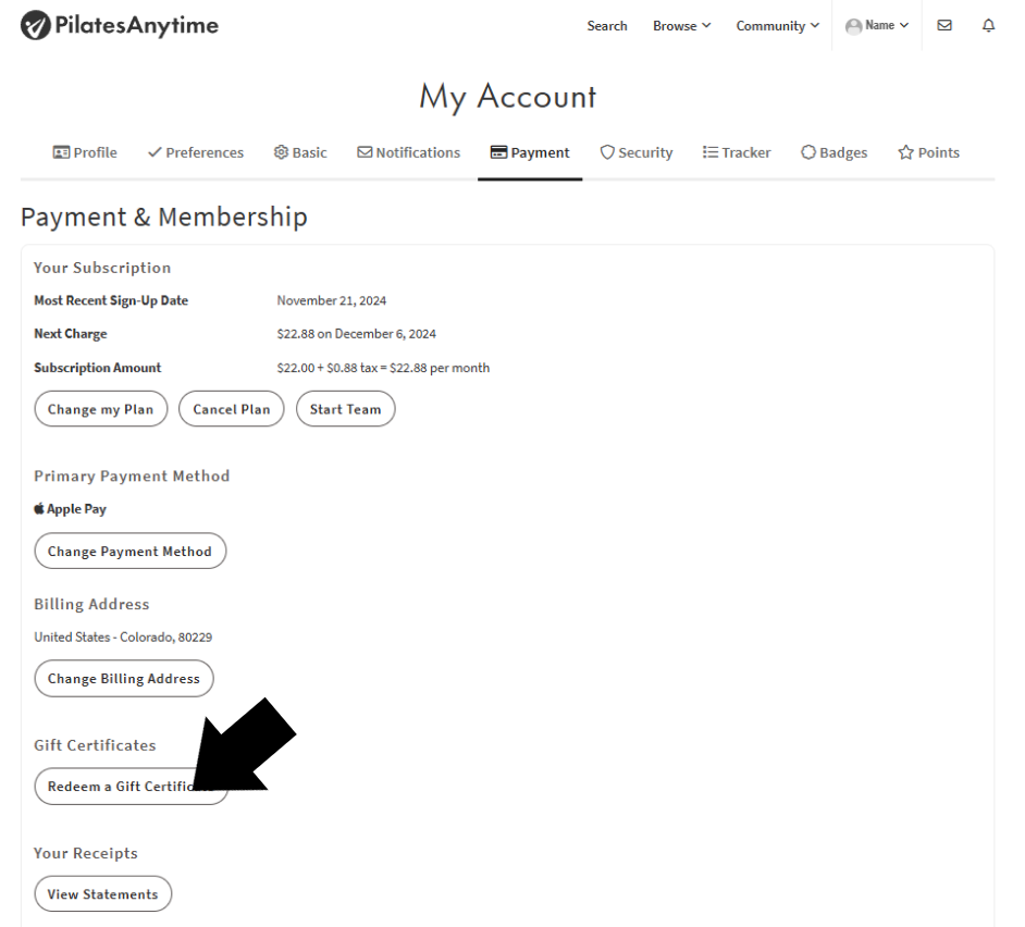 My Account Payment and Membership Select Redeem Gift Certificate.png